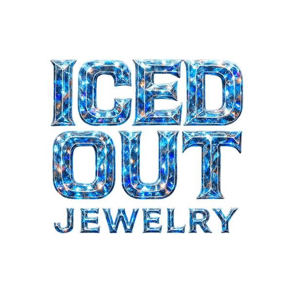 Iced out jewelry logo with sparkling text on a black background